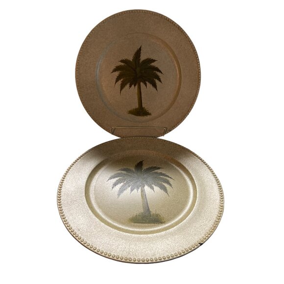 Palm Tree Decorative Plates Coastal Tropical Wall Art Charger Style Set of 2 - Picture 2 of 5